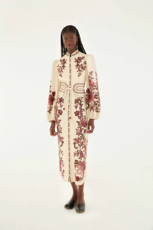 Sand Renata Floral Long Sleeve Midi Dress sold by FARM Rio