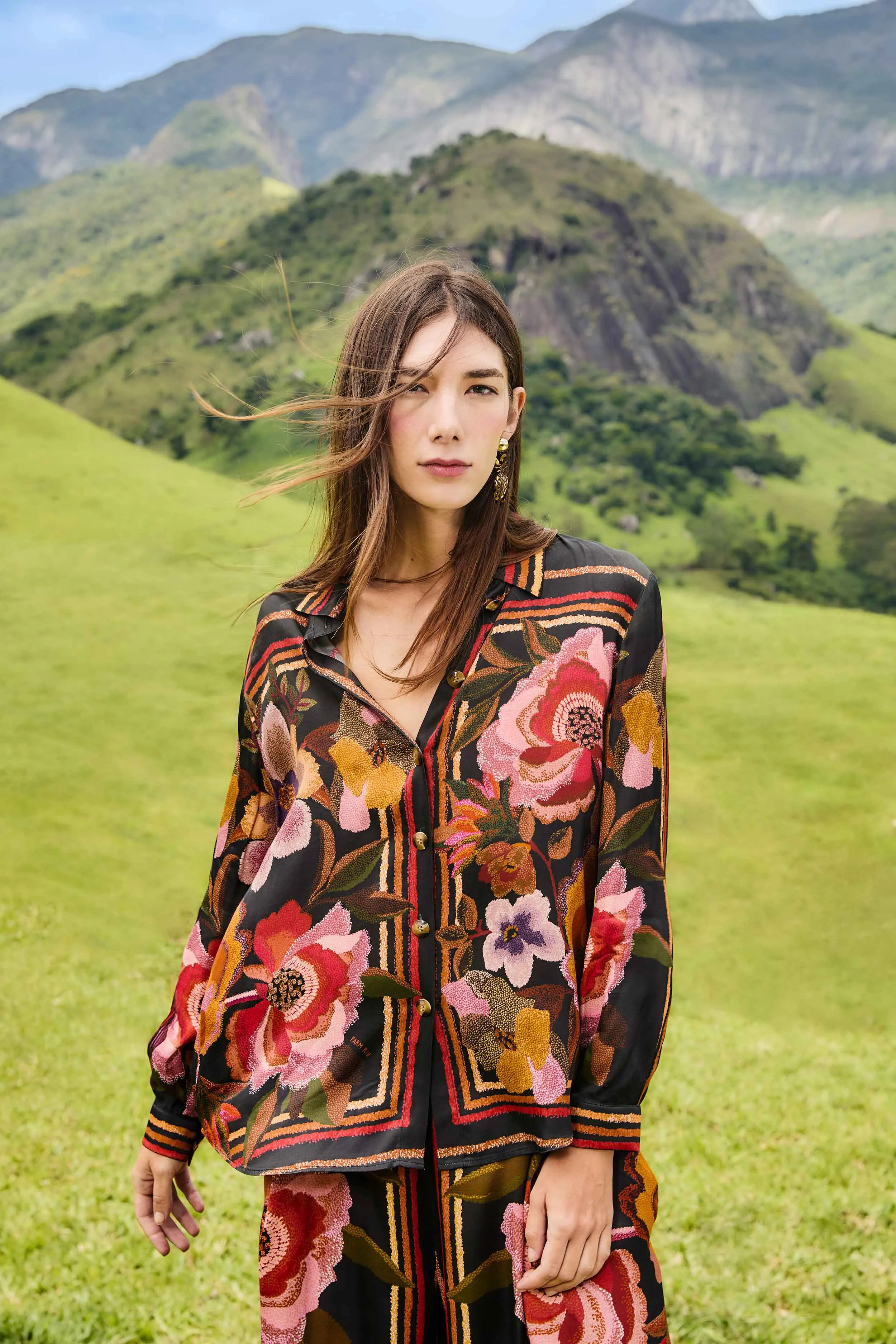 Black Chenille Flowers Lenzing™ Ecovero™ Viscose Shirt sold by FARM Rio