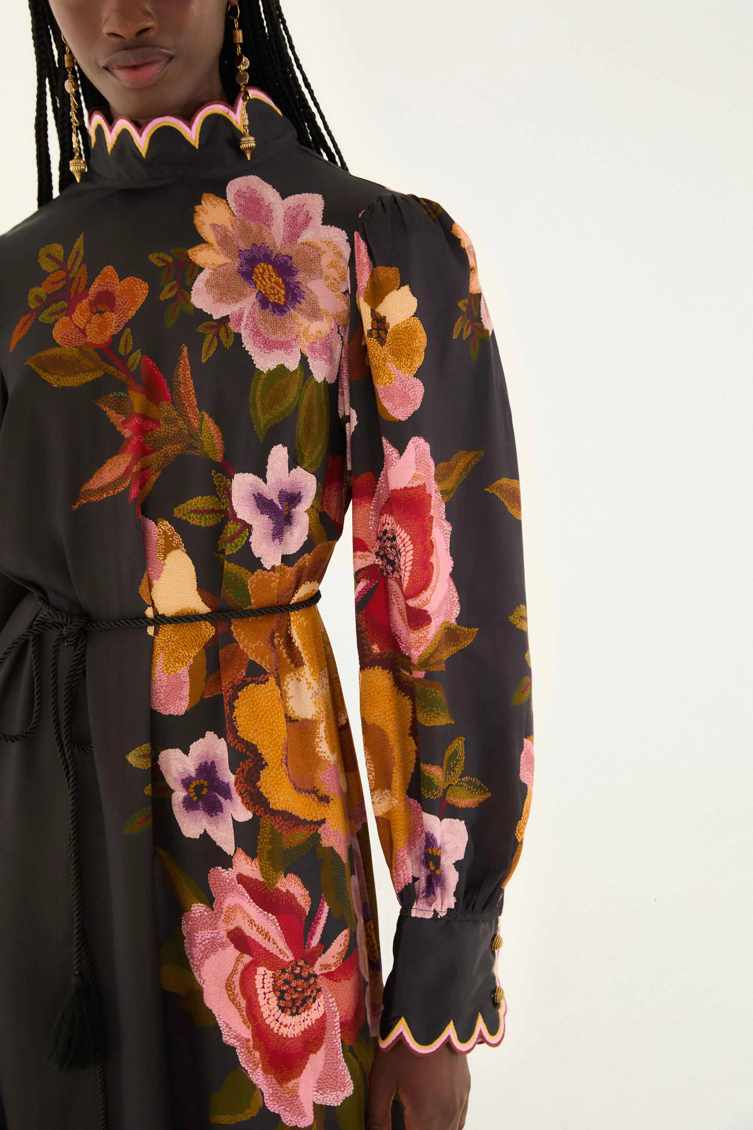 Black Chenille Flowers Lenzing™ Ecovero™ Viscose Midi Dress sold by FARM Rio product image thumbnail 4