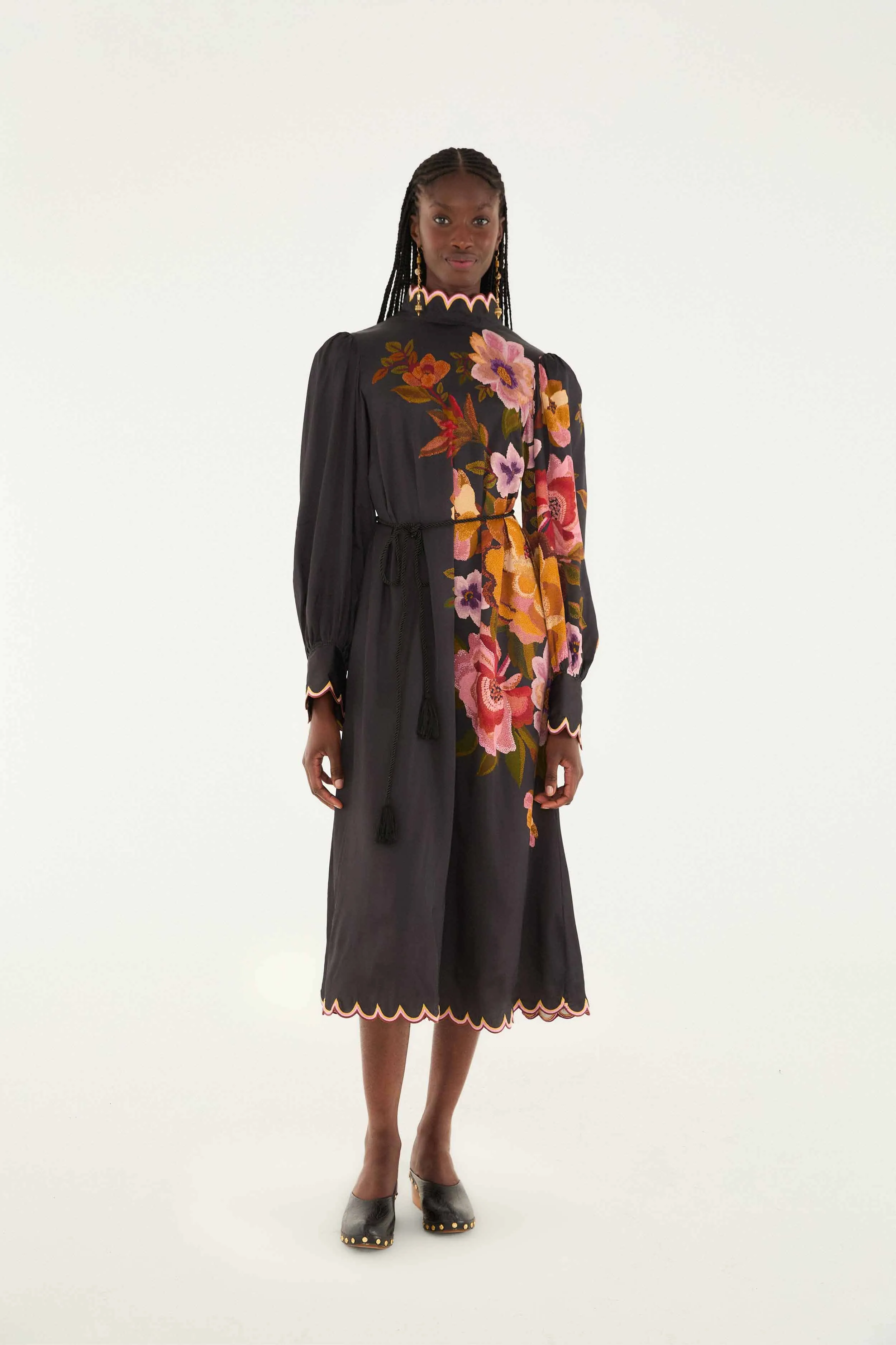 Black Chenille Flowers Lenzing™ Ecovero™ Viscose Midi Dress sold by FARM Rio