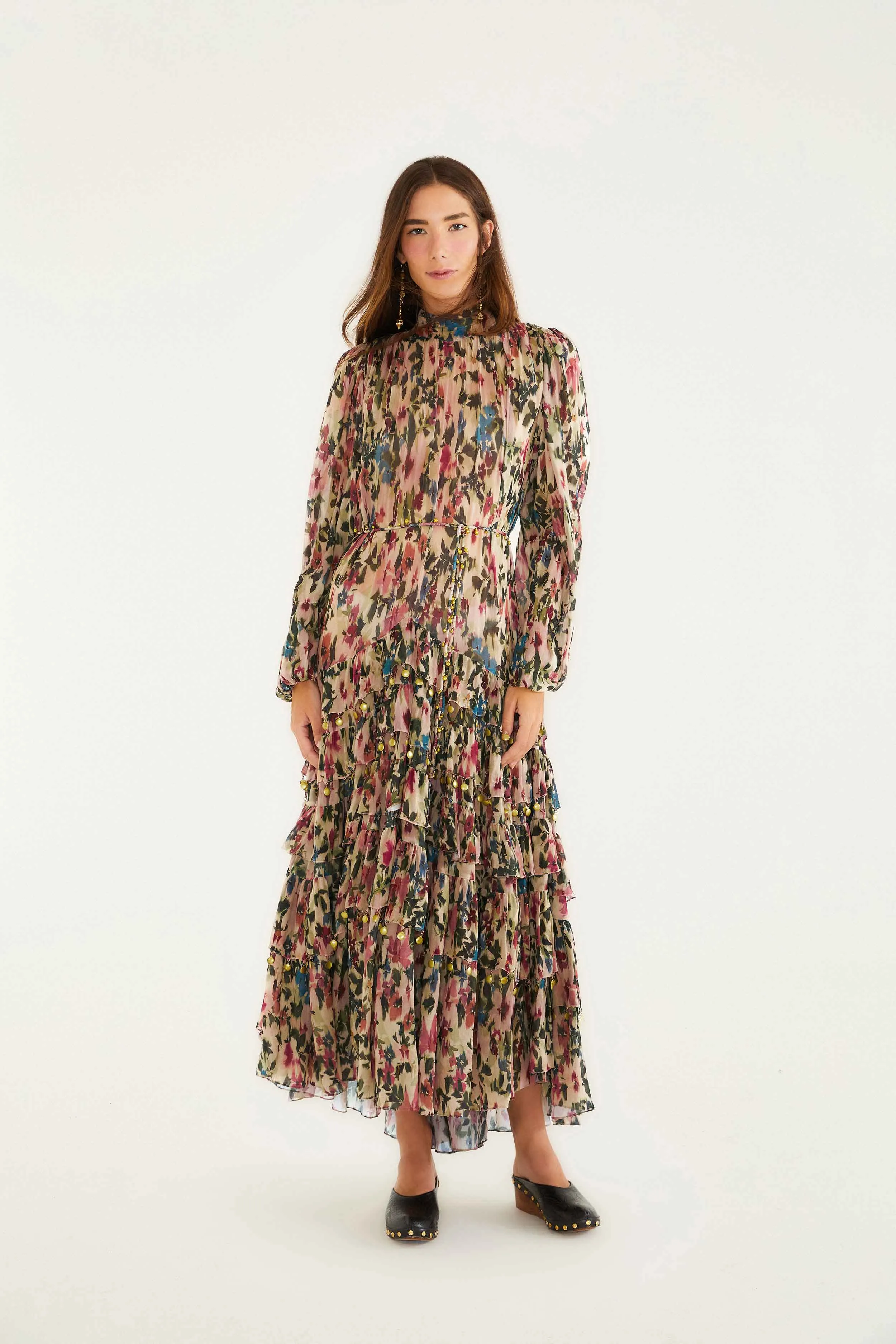 Pink Blurred Tiny Flowers Long Sleeve Maxi Dress sold by FARM Rio