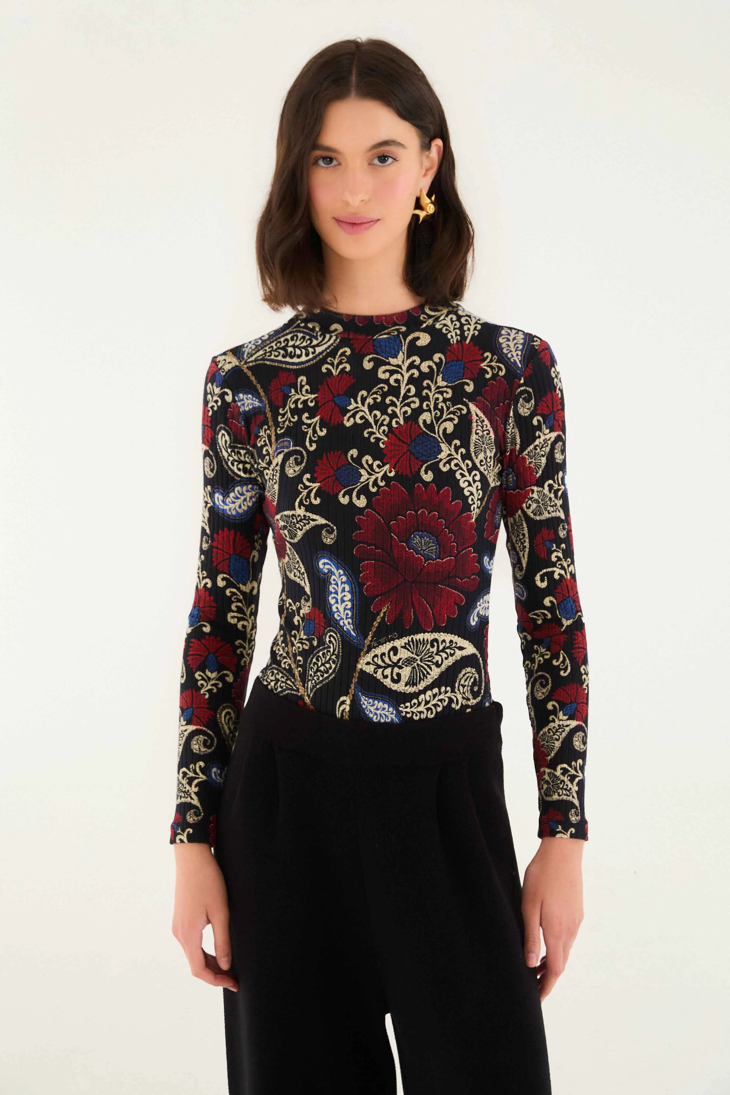 Black Valentina High Neck Long Sleeve Jersey Bodysuit sold by FARM Rio