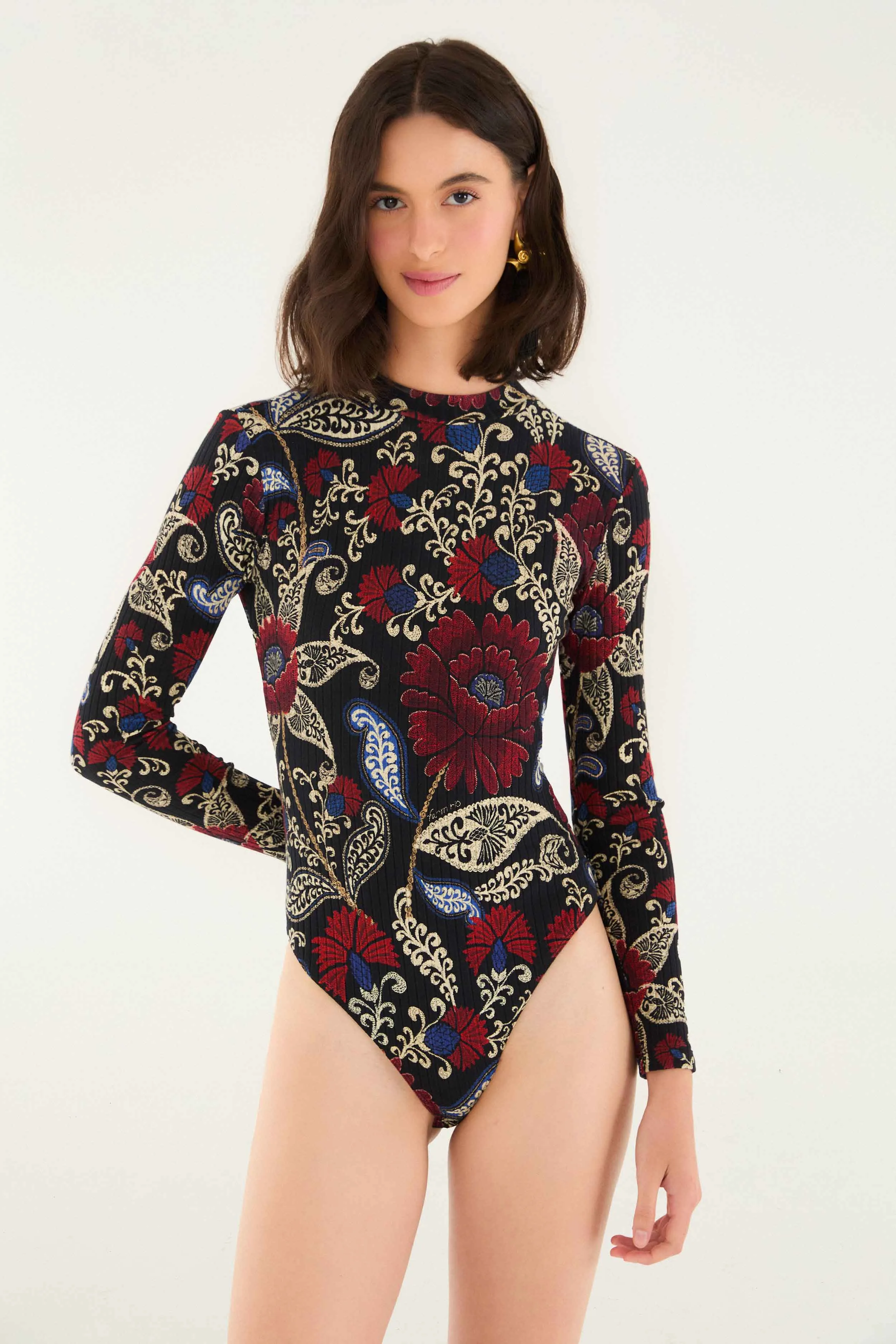 Black Valentina High Neck Long Sleeve Jersey Bodysuit sold by FARM Rio product image thumbnail 2