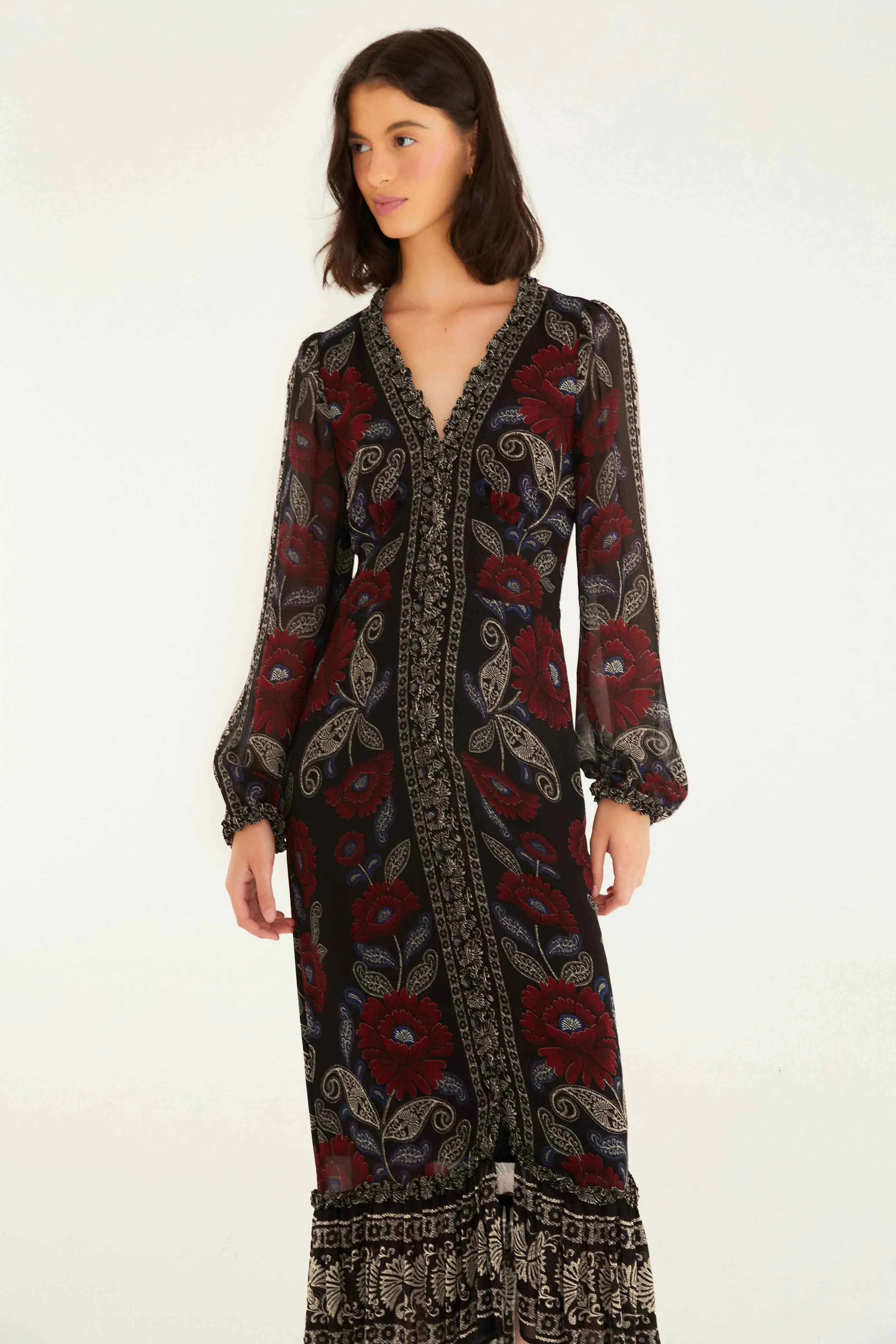 Black Valentina Ruffled Long Sleeve Midi Dress sold by FARM Rio product image thumbnail 2