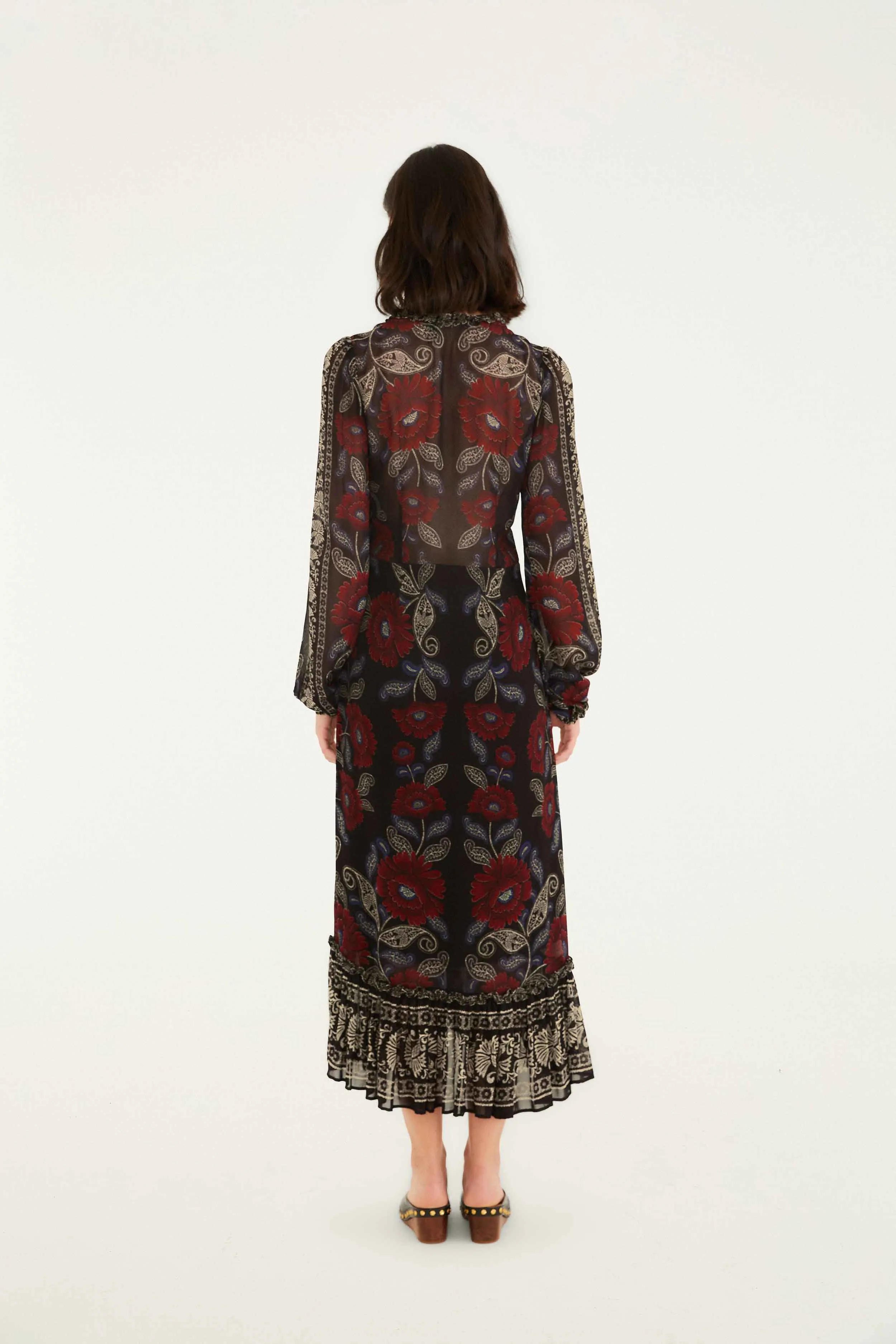 Black Valentina Ruffled Long Sleeve Midi Dress sold by FARM Rio product image thumbnail 4