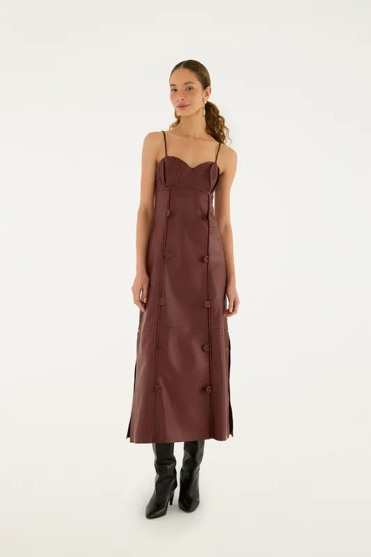 Burgundy 3d Flower Side Slit Leather Midi Dress made by FARM Rio