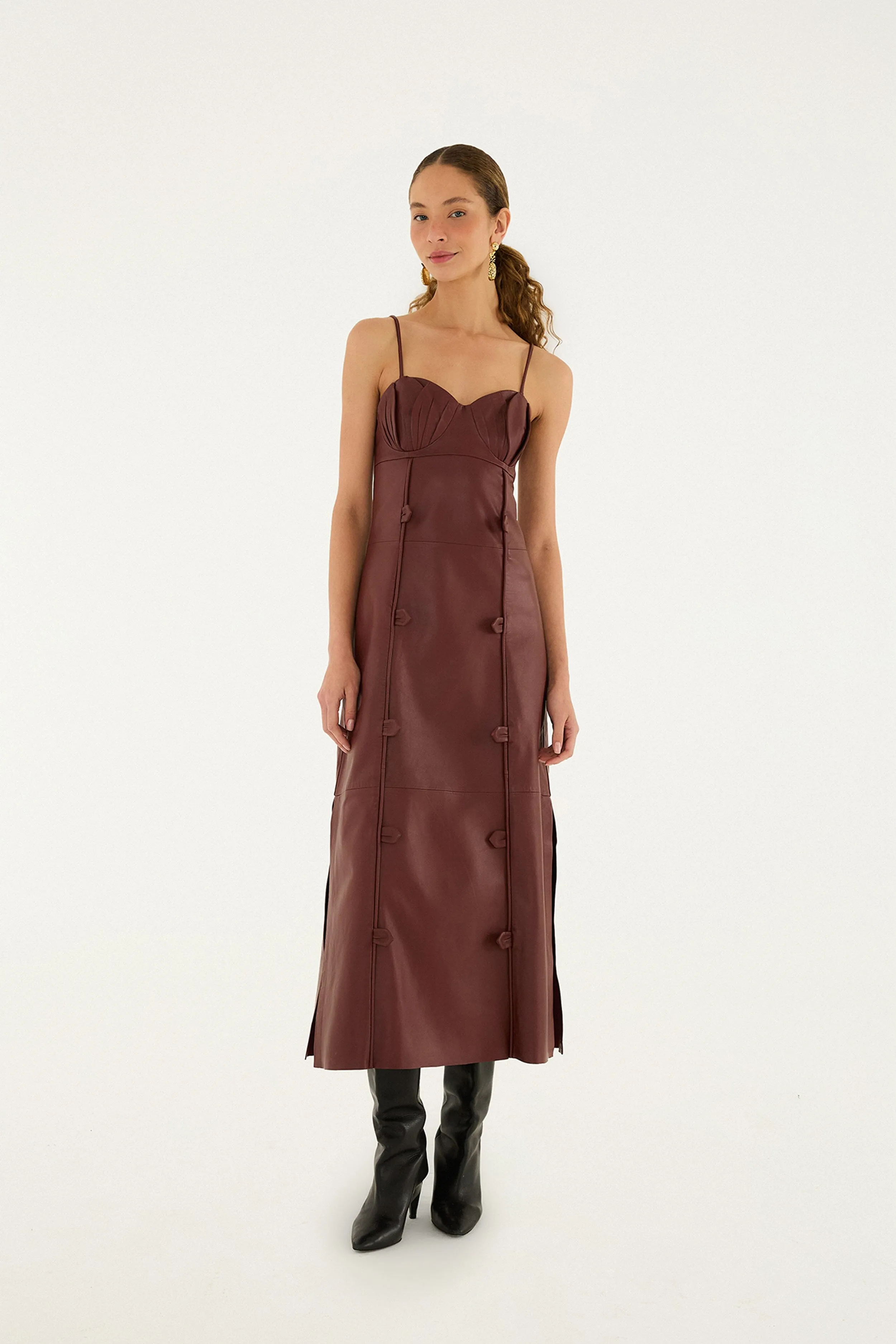 Burgundy 3d Flower Side Slit Leather Midi Dress sold by FARM Rio