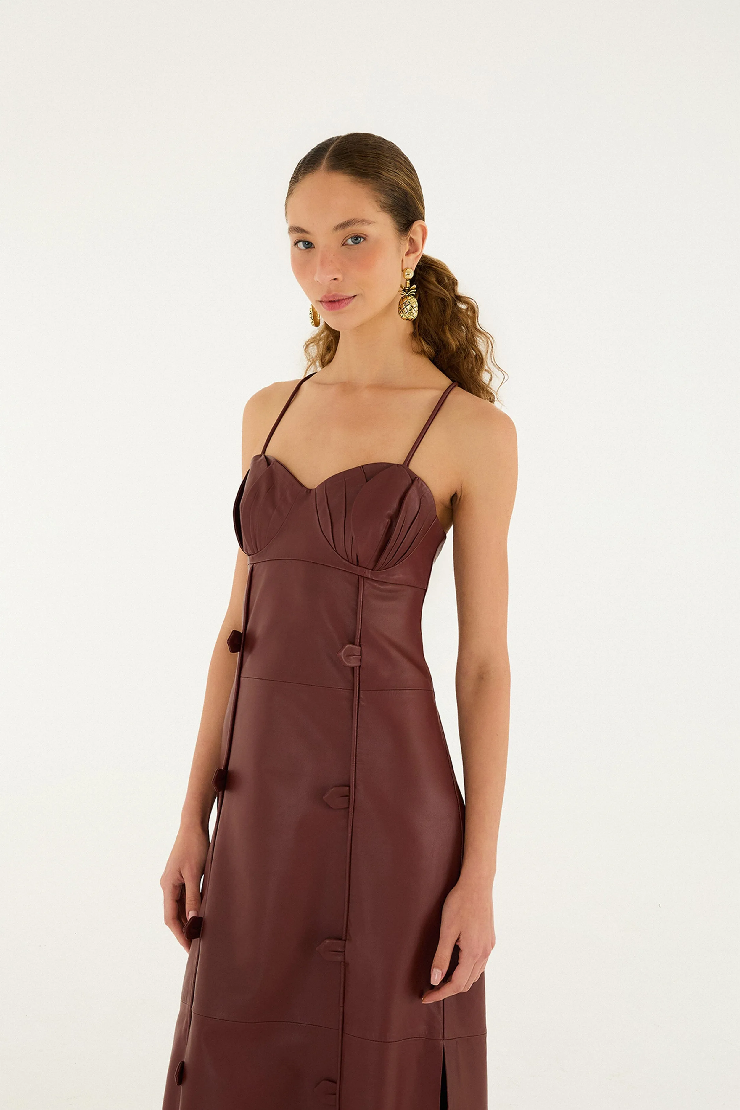 Burgundy 3d Flower Side Slit Leather Midi Dress sold by FARM Rio product image thumbnail 4