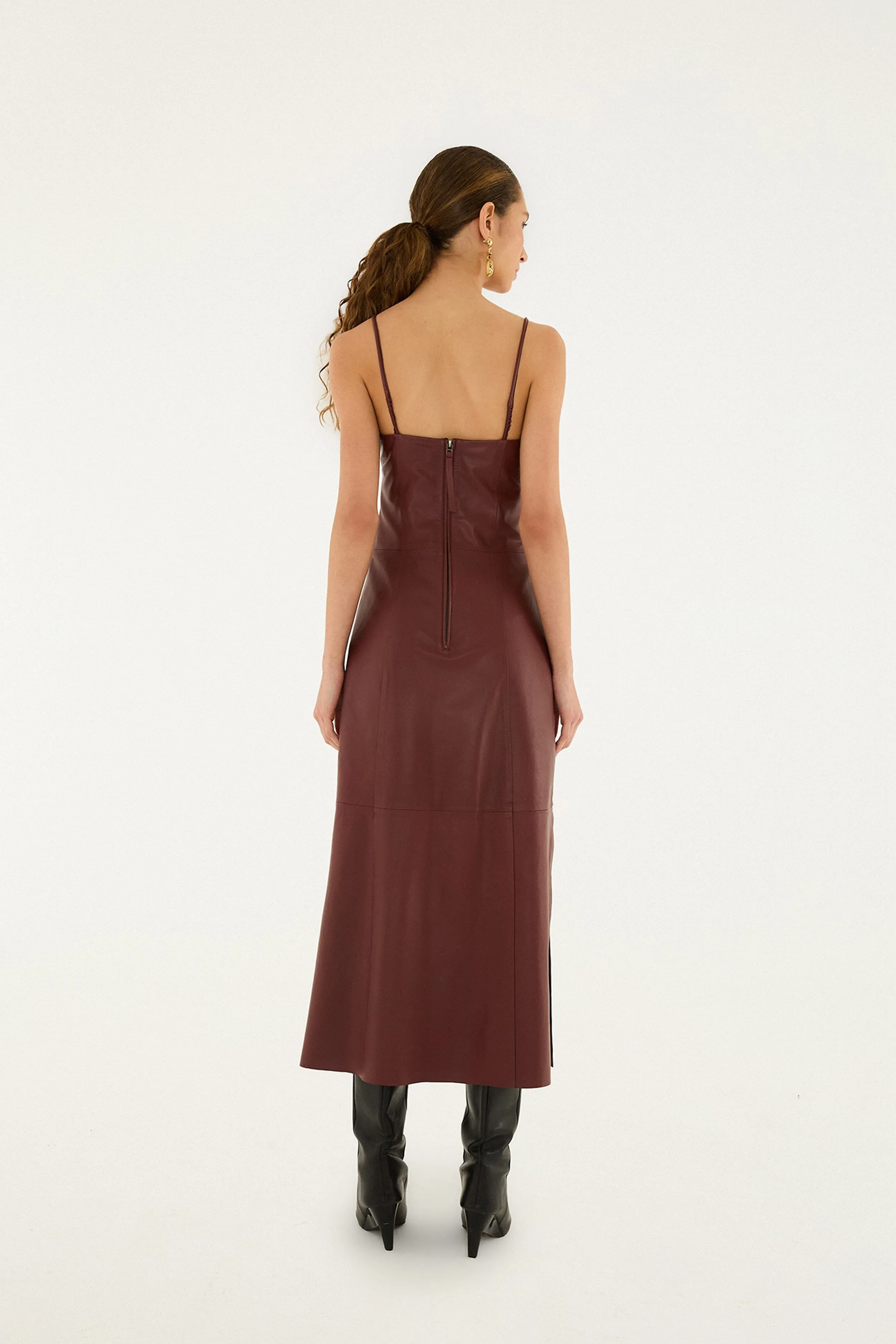 Burgundy 3d Flower Side Slit Leather Midi Dress sold by FARM Rio product image thumbnail 3