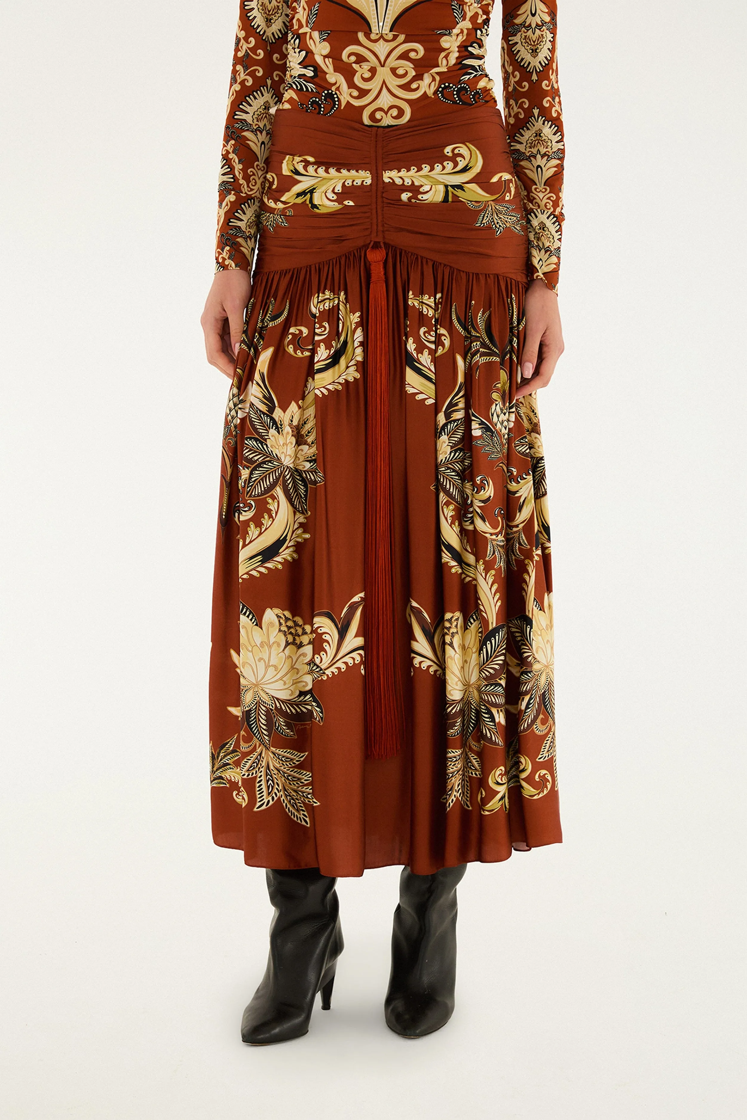 Orange Arabesque Paradise Flower Fringe Lenzing™ Ecovero™ Viscose Midi Skirt sold by FARM Rio product image thumbnail 4