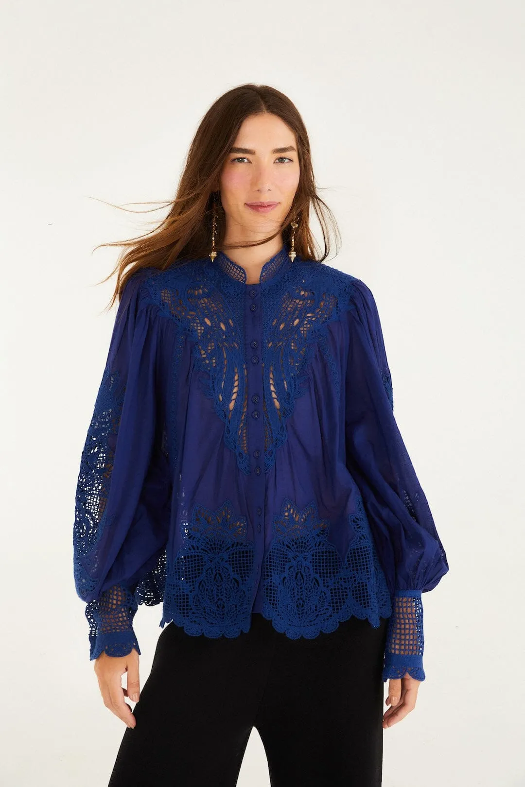 Navy Blue Guipure Blouse sold by FARM Rio
