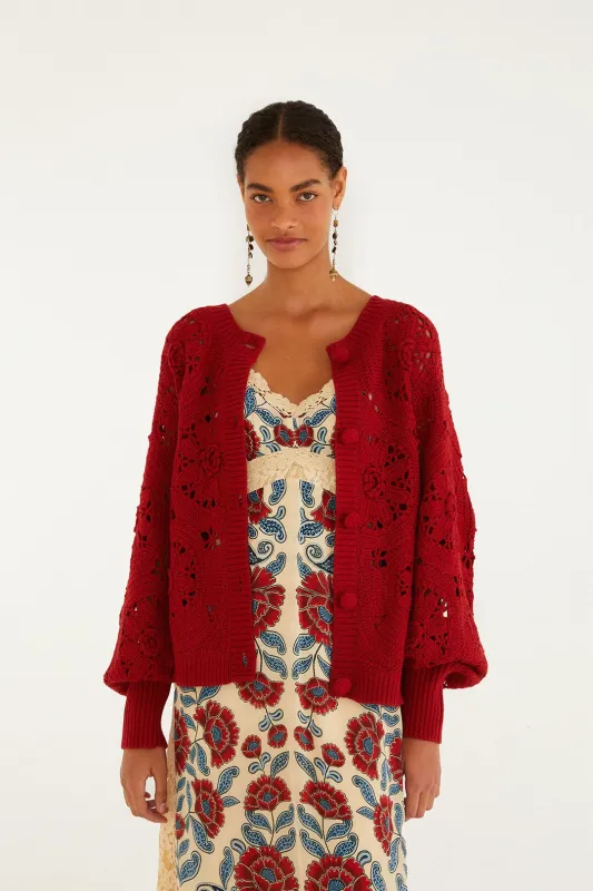 Red Crochet Flower Knit Cardigan sold by FARM Rio