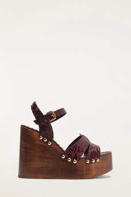 Brown Studded Embossed Wedge Sandal made by FARM Rio