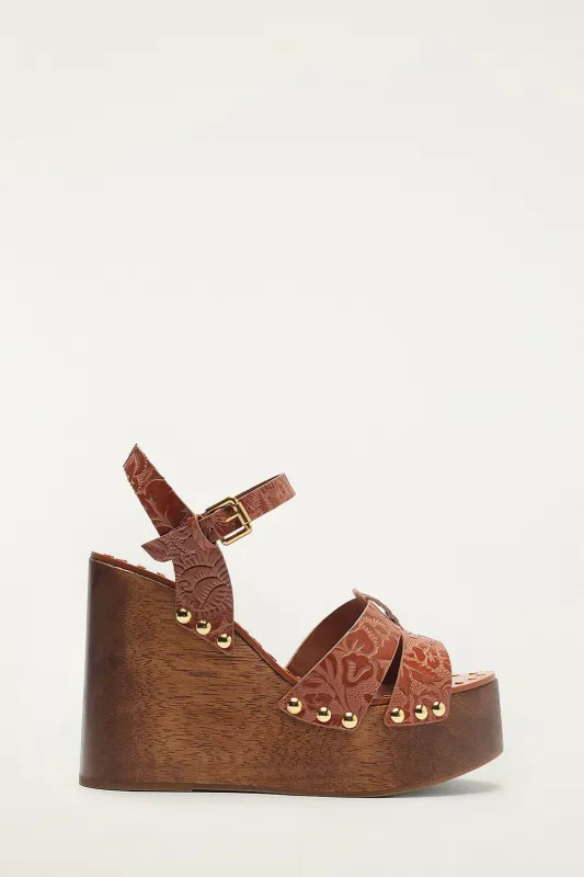 Brown Embossed Wedge Sandal made by FARM Rio