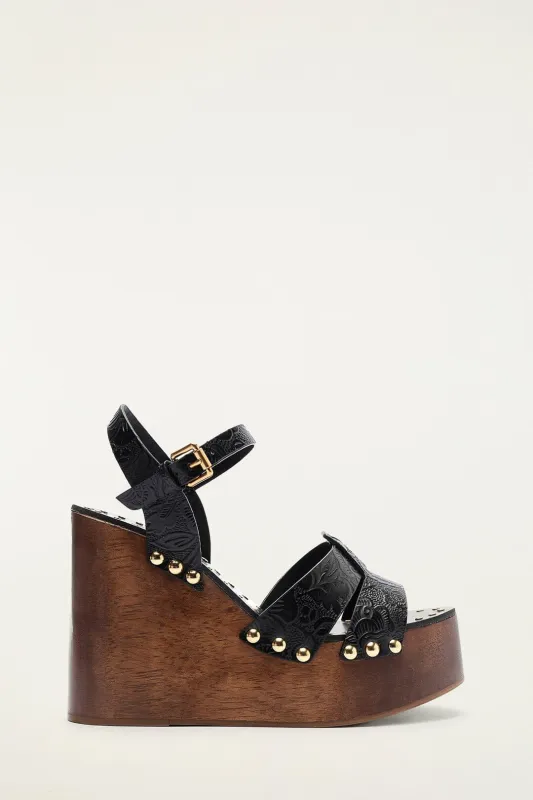 Black Studded Embossed Wedge Sandal made by FARM Rio