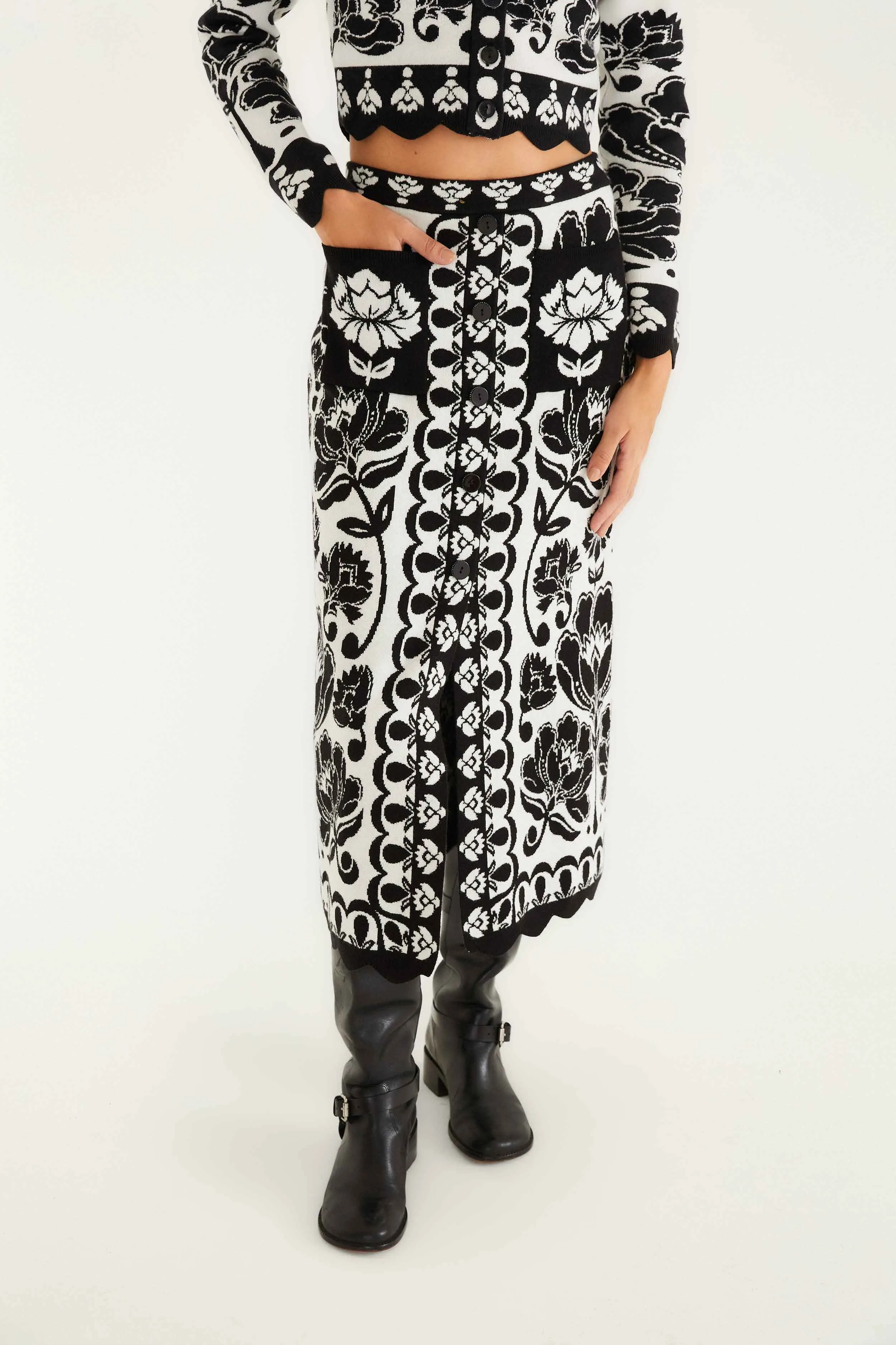 Black & White Floral Arabesque Knit Skirt sold by FARM Rio product image thumbnail 2