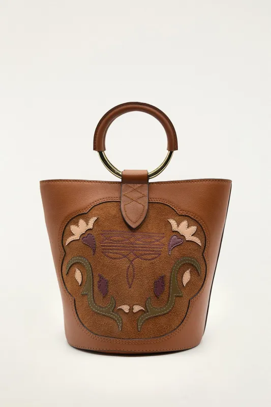 Brown Western Embroidered Leather Bucket Bag sold by FARM Rio