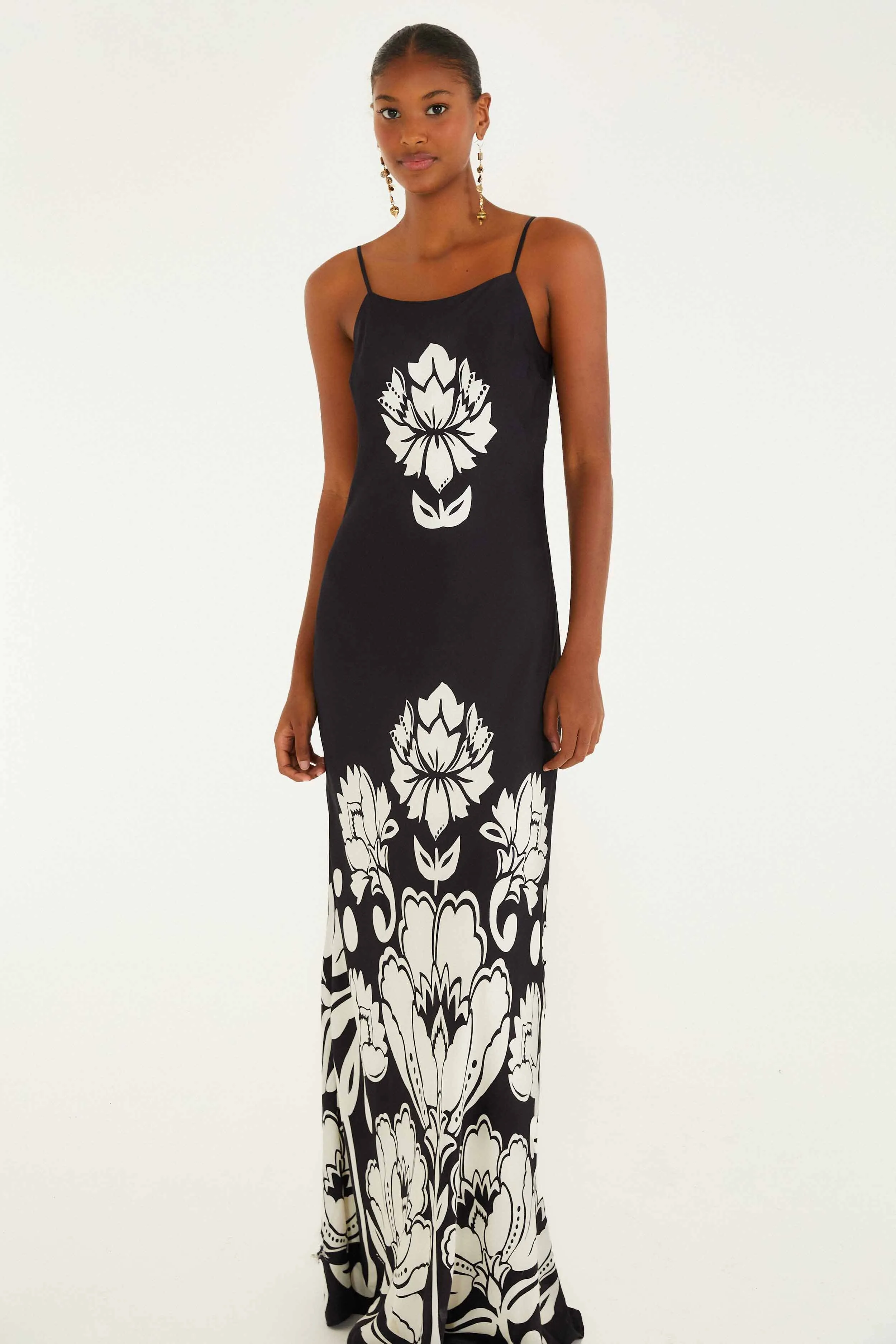 Black & White Floral Arabesque Slip Lenzing™ Ecovero™ Viscose Maxi Dress sold by FARM Rio product image thumbnail 2