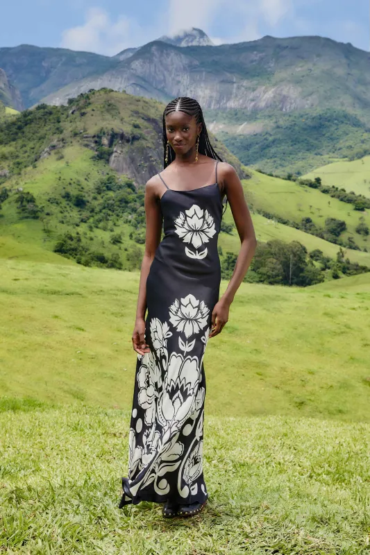 Black & White Floral Arabesque Slip Lenzing™ Ecovero™ Viscose Maxi Dress sold by FARM Rio