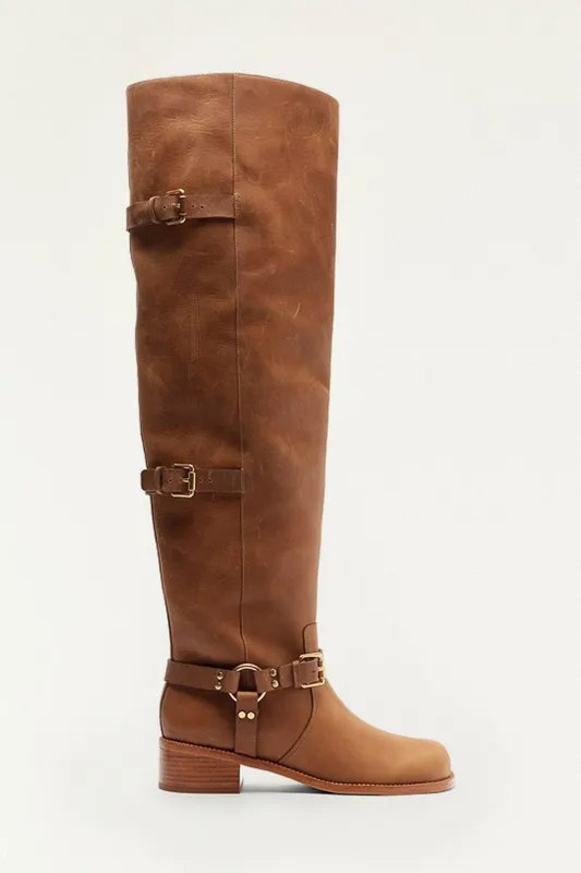 Brown Distressed Leather Buckled Over-The-Knee Boot sold by FARM Rio