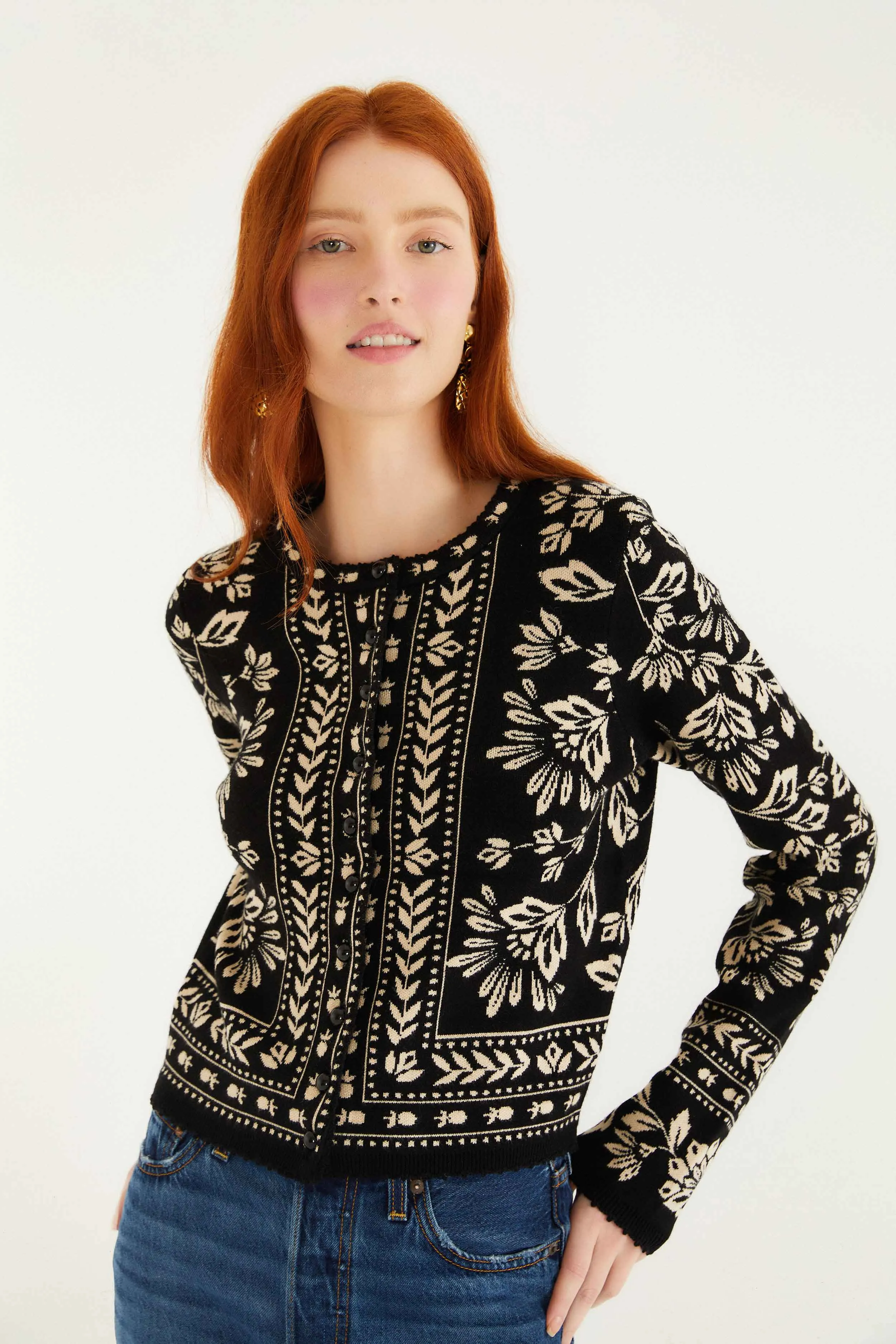 Black And White Flower Bloom Buttoned Knit Cardigan sold by FARM Rio