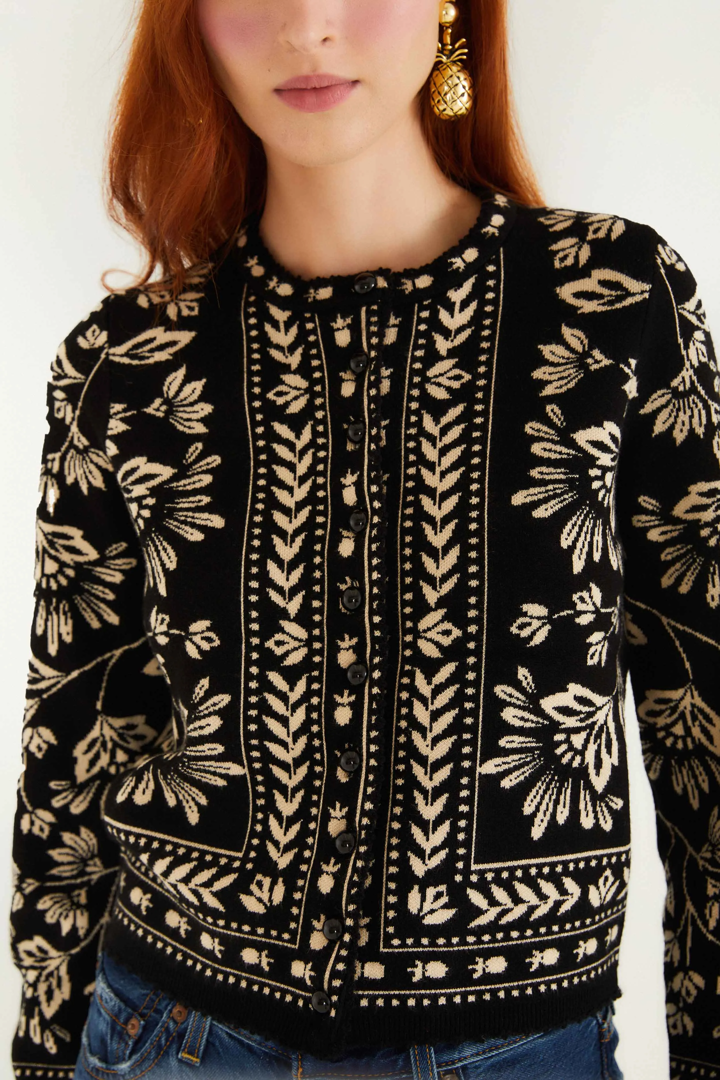 Black And White Flower Bloom Buttoned Knit Cardigan sold by FARM Rio product image thumbnail 2