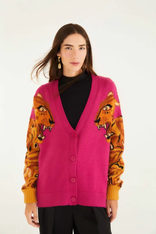 Pink Bold Tiger Buttoned Knit Cardigan sold by FARM Rio