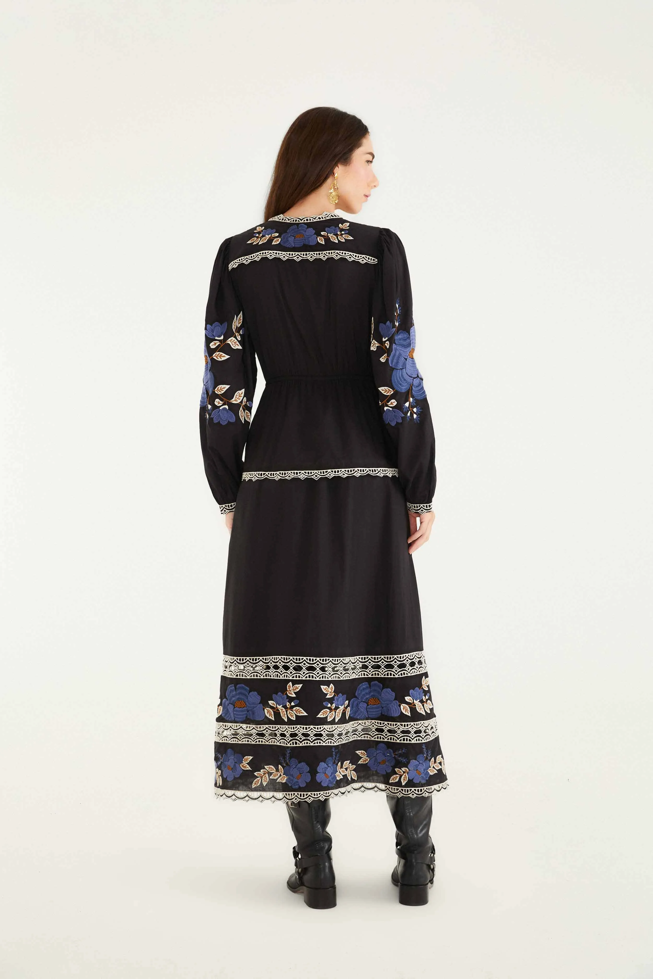 Black Bold Flowers Long Sleeve Midi Dress sold by FARM Rio product image thumbnail 4