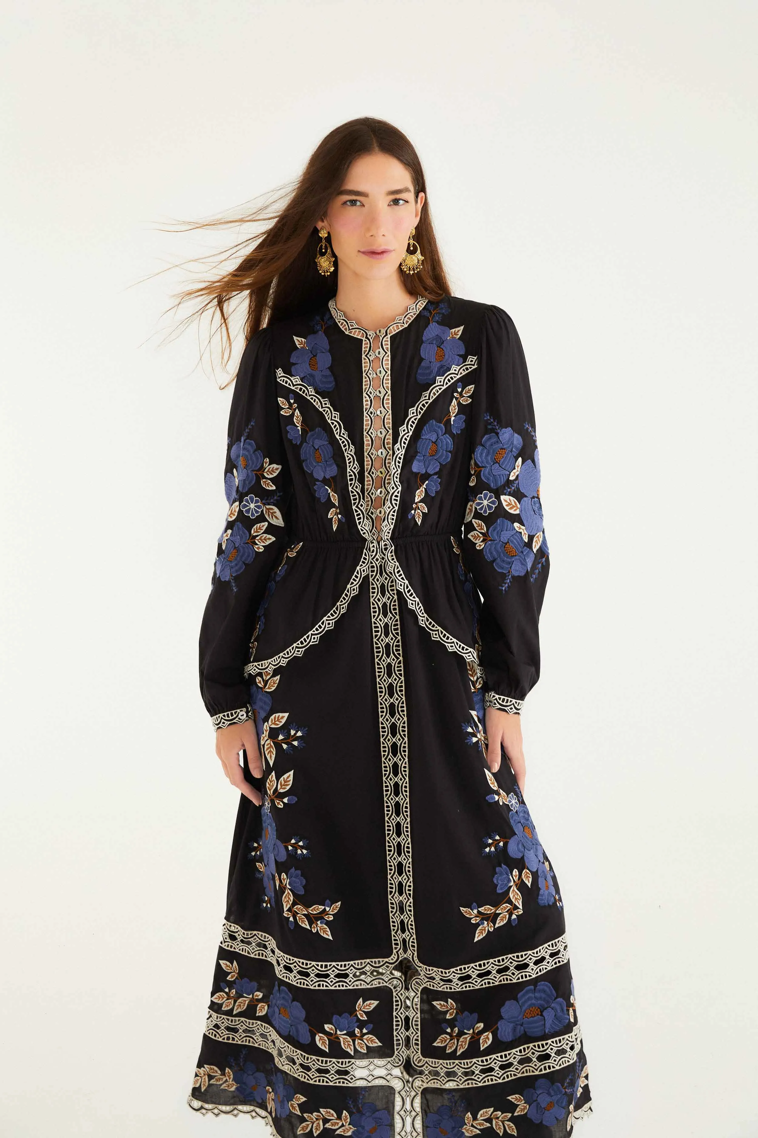 Black Bold Flowers Long Sleeve Midi Dress sold by FARM Rio product image thumbnail 2