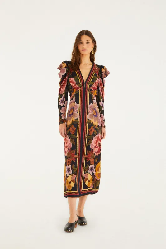 Black Chenille Flowers Lenzing™ Ecovero™ Viscose Midi Dress sold by FARM Rio