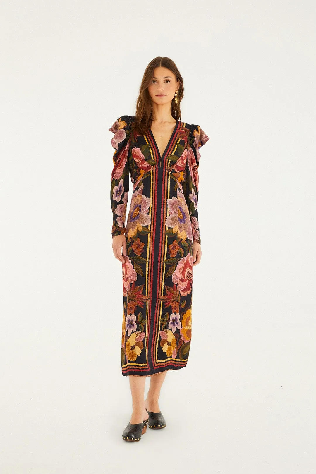 Black Chenille Flowers Lenzing™ Ecovero™ Viscose Midi Dress sold by FARM Rio