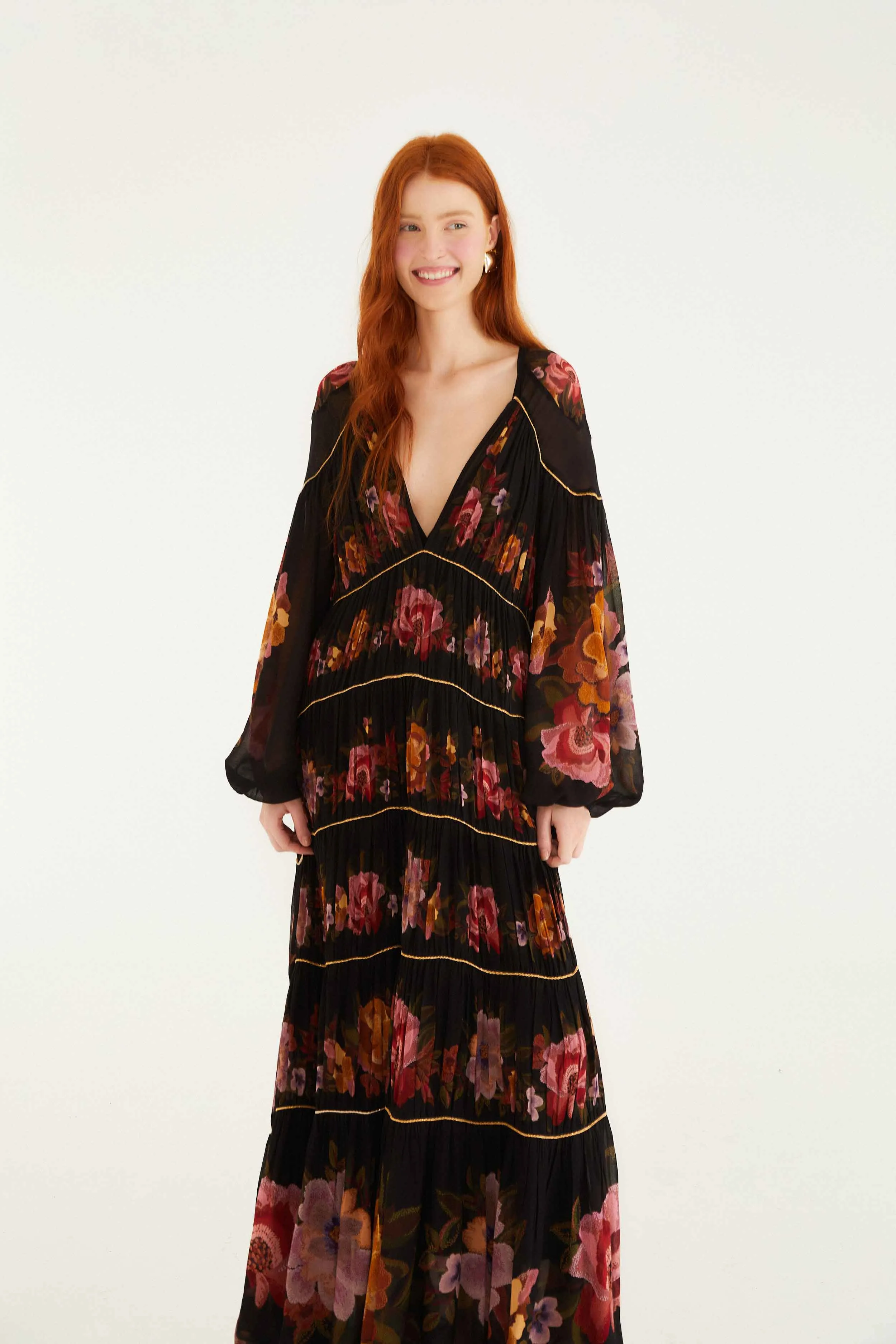 Black Chenille Flowers Long Sleeve Midi Dress sold by FARM Rio product image thumbnail 3