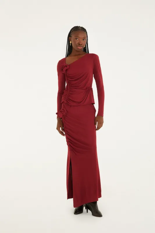 Burgundy 3d Flower Draped Side Slit Maxi Skirt sold by FARM Rio