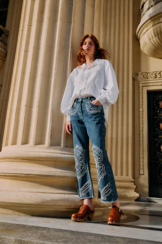 Denim Cornely Embroidered Cropped Pants sold by FARM Rio