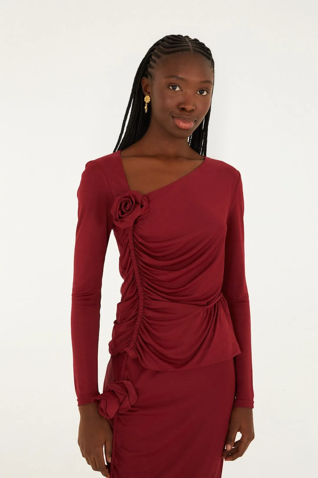 Burgundy 3d Flower Draped Long Sleeve Blouse sold by FARM Rio