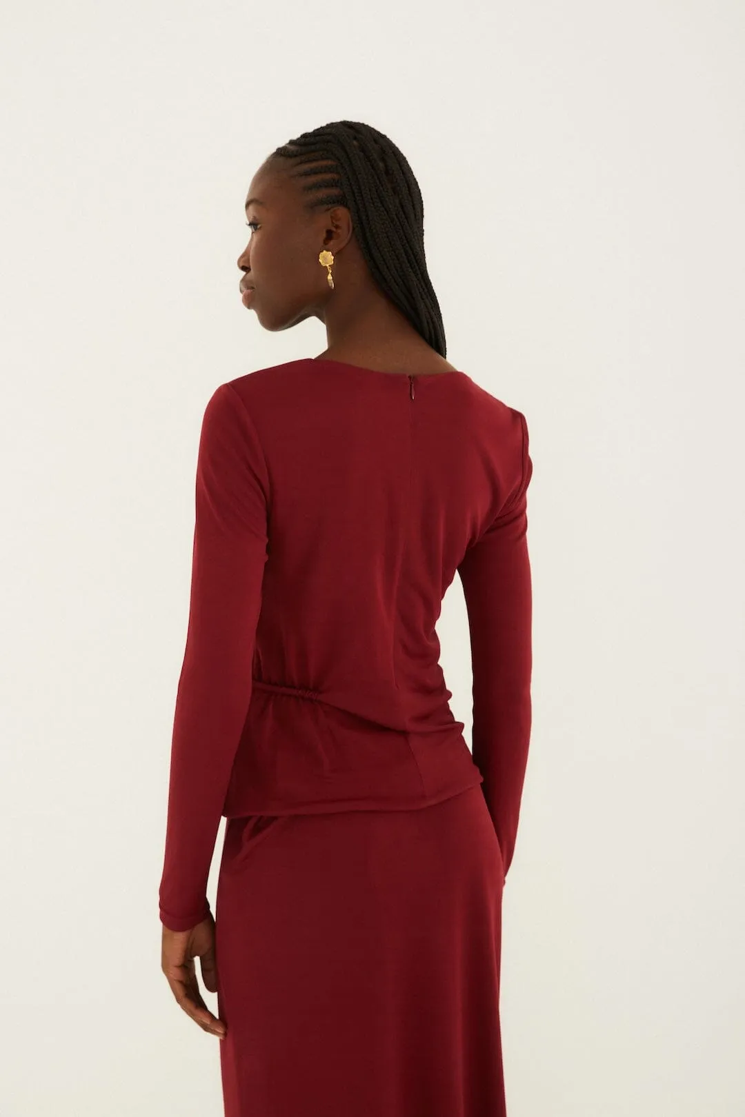 Burgundy 3d Flower Draped Long Sleeve Blouse sold by FARM Rio product image thumbnail 3