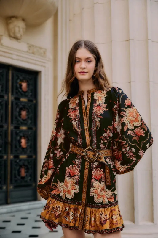 Black Majestic Garden Beaded Buckle Long Sleeve Mini Dress sold by FARM Rio