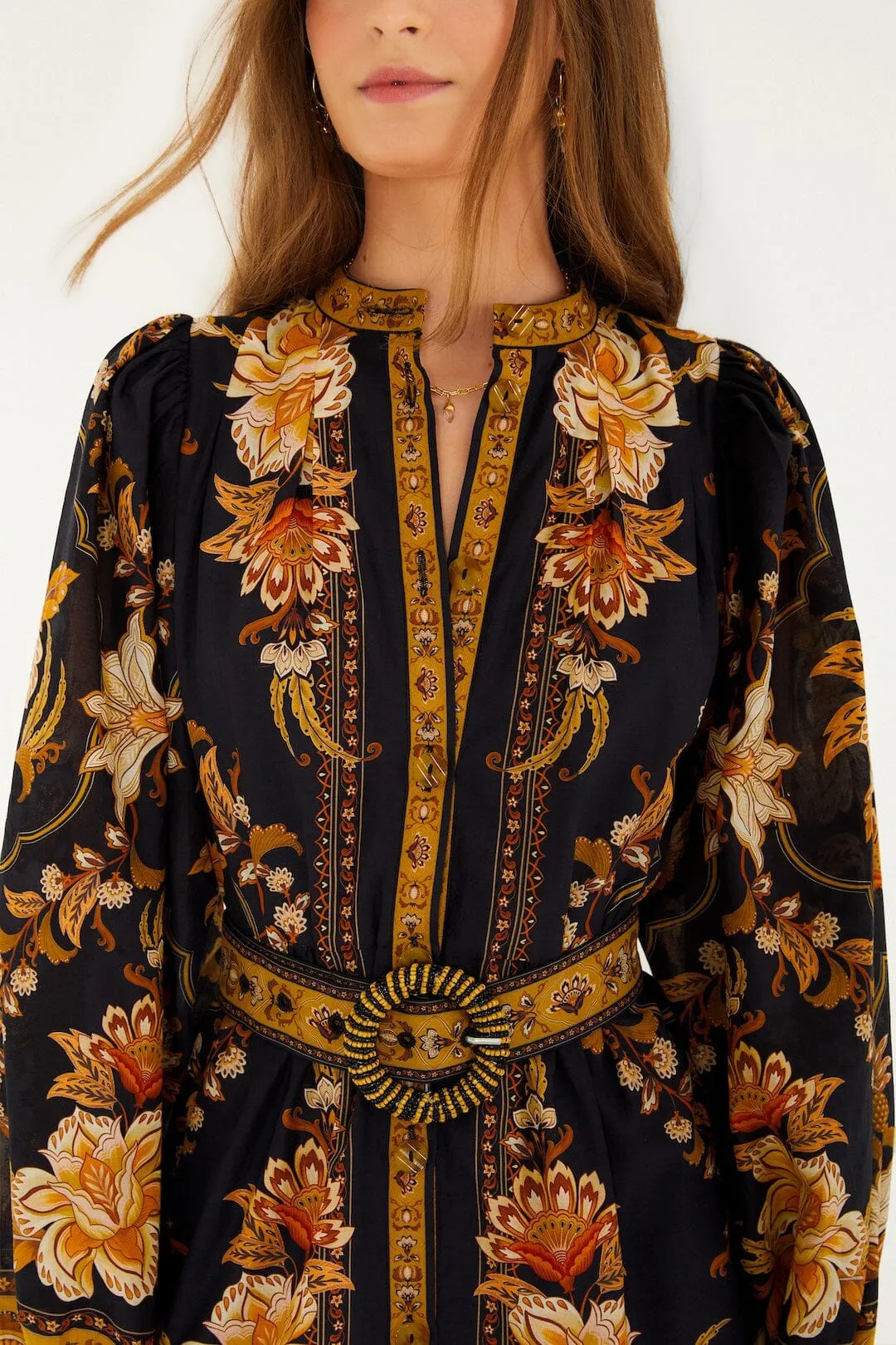 Black Majestic Garden Beaded Buckle Long Sleeve Mini Dress sold by FARM Rio product image thumbnail 2