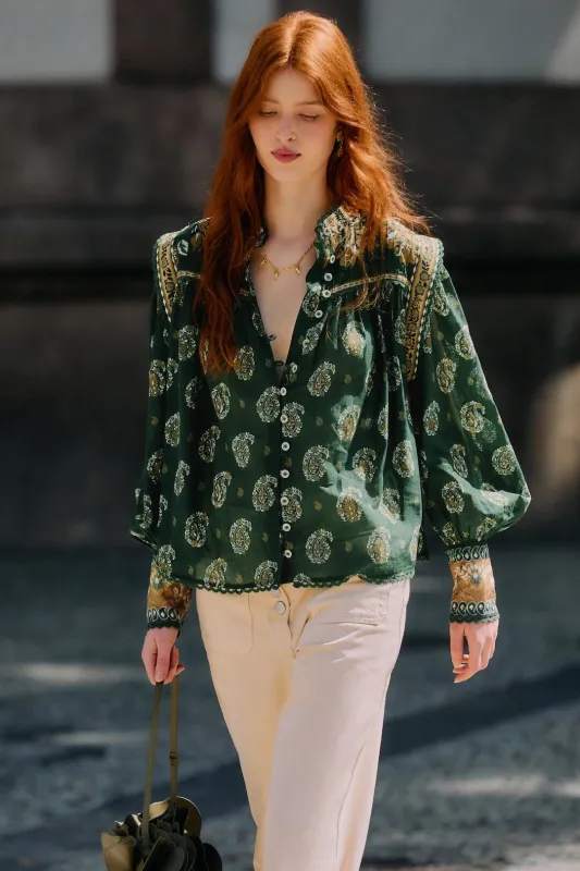 Green Tayla Lace Buttoned Puff Sleeve Blouse sold by FARM Rio