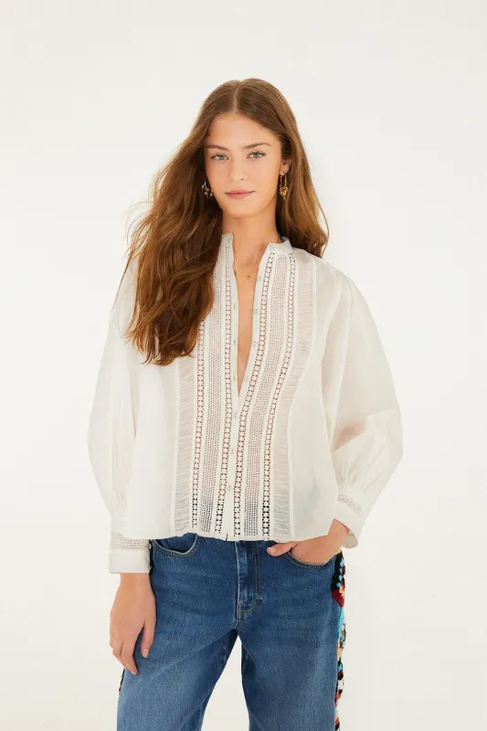 Off-White Long Sleeve Buttoned Lace Blouse sold by FARM Rio
