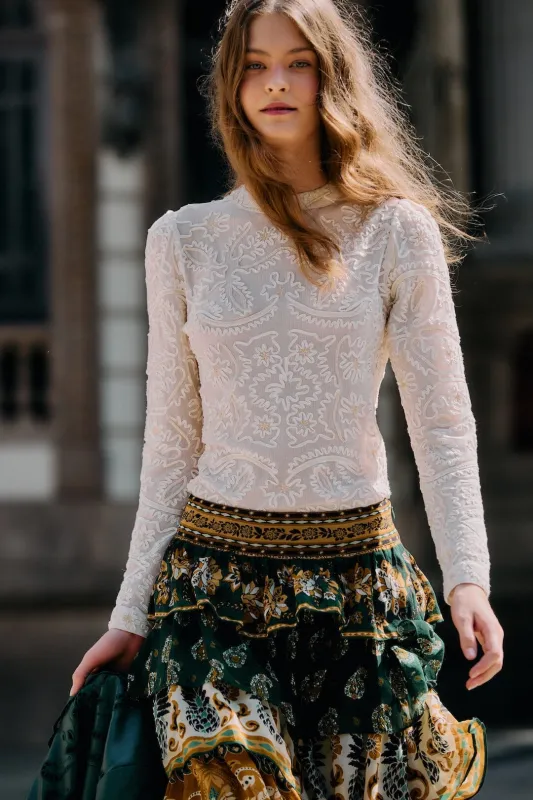 Off-White Embroidered Crew Neck Long Sleeve Blouse sold by FARM Rio