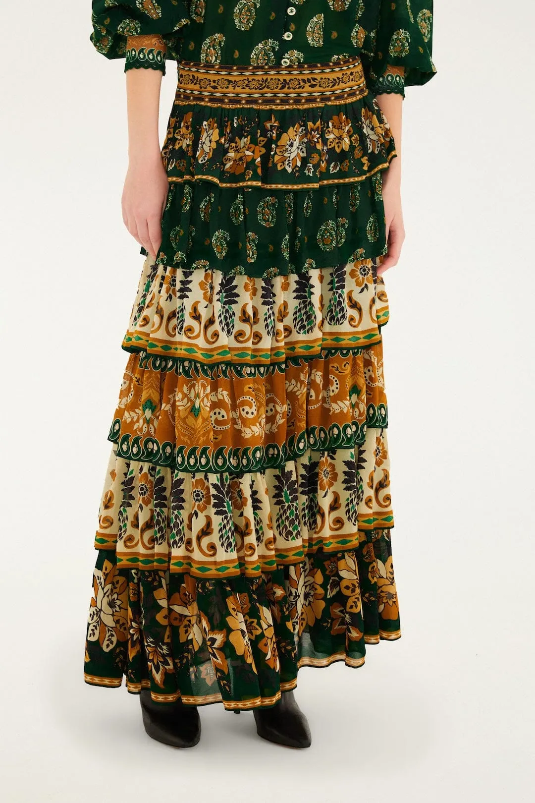 Green Ayla Mixed Scarves Layered Maxi Skirt sold by FARM Rio product image thumbnail 2