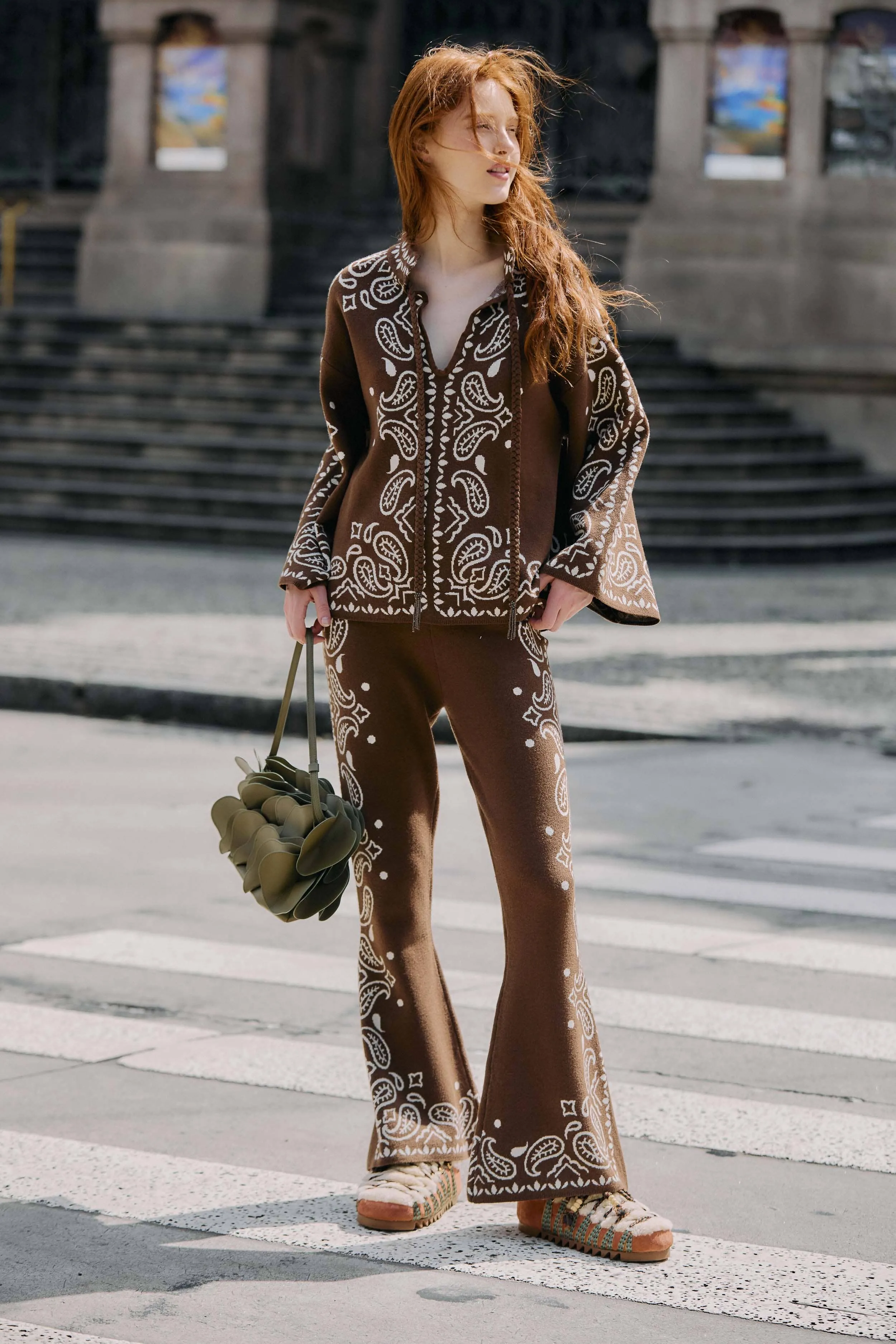 Brown Bohemian Paisley Flare Knit Pants sold by FARM Rio