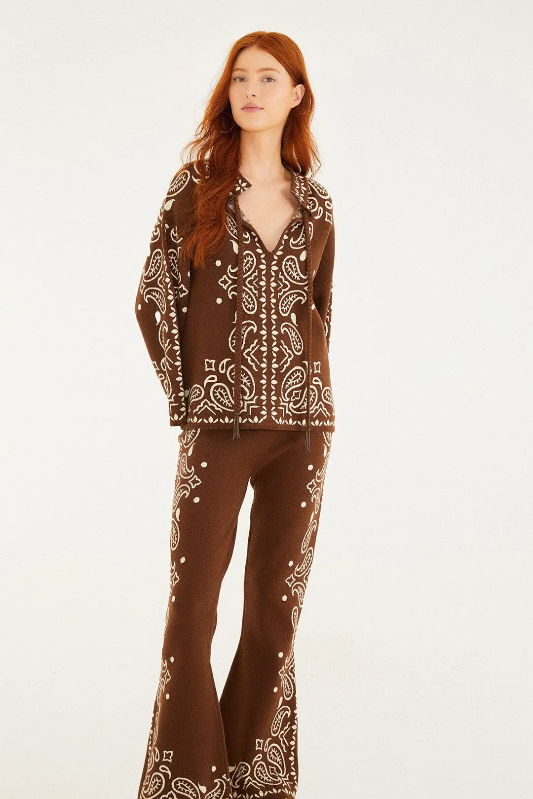 Brown Bohemian Paisley Flare Knit Pants sold by FARM Rio product image thumbnail 3