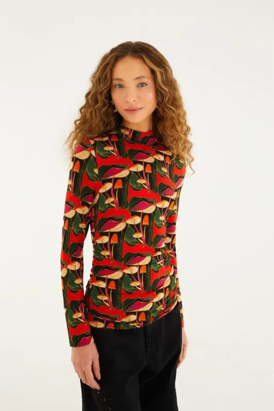 Black Wild Mushrooms Ruched Waist Jersey Blouse sold by FARM Rio