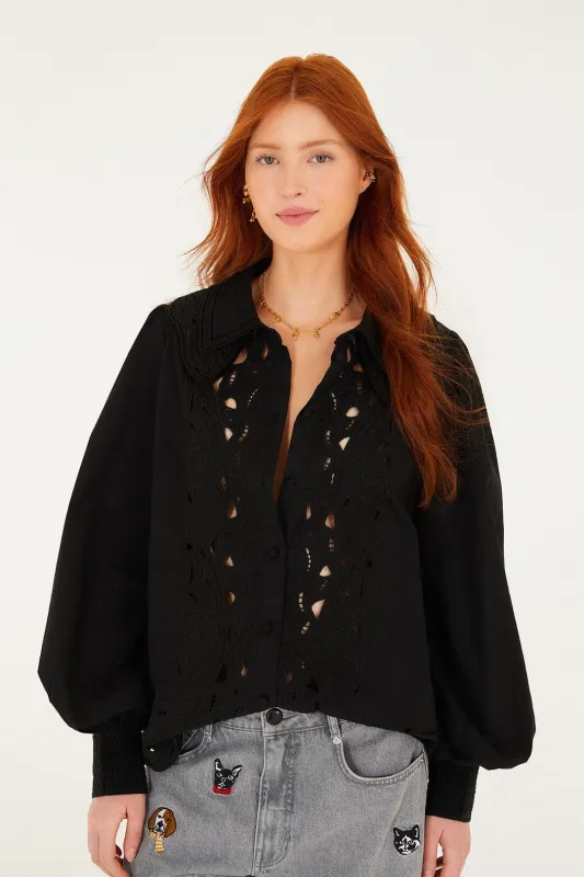 Black Embroidered Buttoned Puff Sleeve Shirt sold by FARM Rio