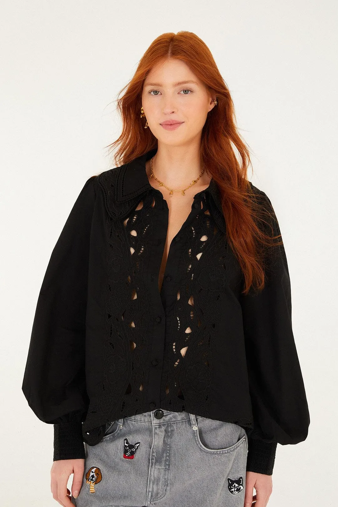 Black Embroidered Buttoned Puff Sleeve Shirt sold by FARM Rio