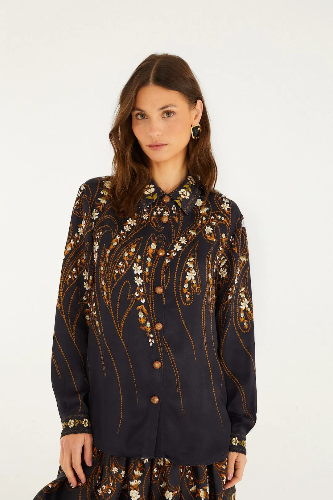 Black Garden Printed Buttons Lenzing™ Ecovero™ Viscose Shirt sold by FARM Rio