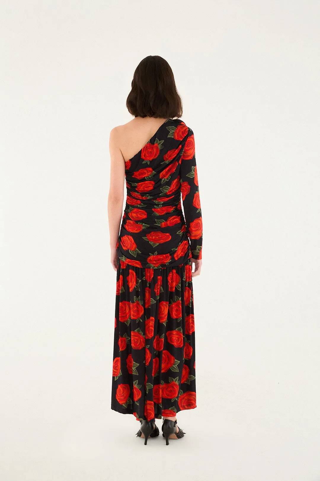 Black Latin Roses 3d Flower One-Shoulder Draped Maxi Dress sold by FARM Rio product image thumbnail 4