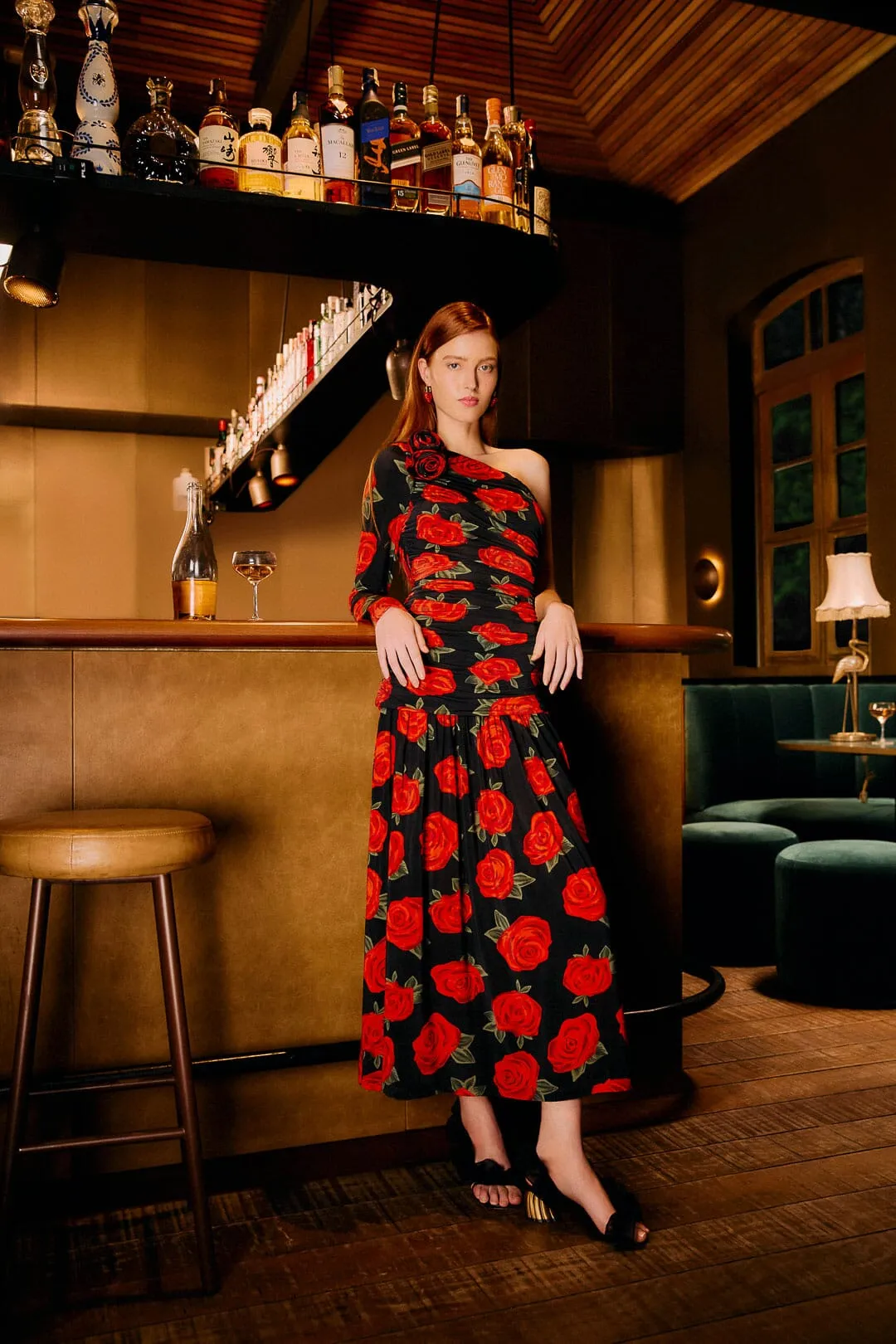 Black Latin Roses 3d Flower One-Shoulder Draped Maxi Dress sold by FARM Rio